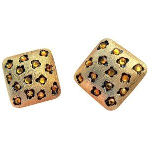 Vintage 80s  Designer Signed Craft Leopard Rhinestone Gold Tone Earrings (A2682)